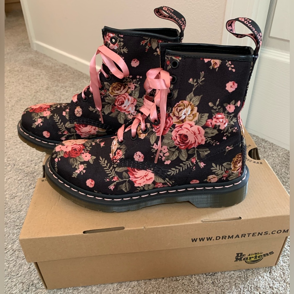 Victorian Floral Dr Martens with Pink Satin & Black Laces Size 8